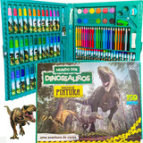 Kit Escolar Menino Maleta Grande Pintura 150 Peças Estúdio Colorir Mundo Dos Dinossauro Canetinhas Giz Cera Lápis Cor Tinta Aquarela Apontador Cola Tesoura Régua Clipes Papel Desenho Borracha Max