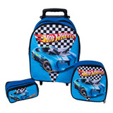 Kit Escolar Mochila Carrinho Infantil Hotwheels Azul