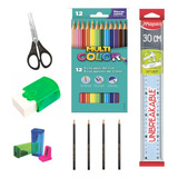 Kit Escolar Tesoura Régua 12lápis De Cor 10 Lápis 2 Borracha