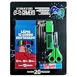 Kit Escolar Versão Gamers 20 Peças 12 Lápis De Cor 4 Lápis HB Tesoura Cola E Acessórios