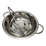 Kit Escorredor De Macarrão Massa Grande Pegador Aço Inox 