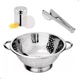 Kit Escorredor Macarrão Queijeira Pegador Massa Em Aço Inox