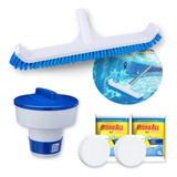 Kit Escova Curva De Piscina Fibra Clorador Pastilhas 5x1