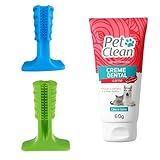 Kit Escova E Pasta De Dente Para Cachorro Mordedor E Creme Dental 60g Massageador Gengiva Pet Evita Tártaro Mau Hálito