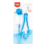 Kit Escova E Pinça Mamadeira Azul Buba Bebê Limpeza Baby