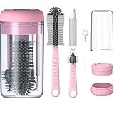 Kit Escova Higiene Lavar 4 Em 1 Para Copo Garrafa Bico De Mamadeira E Canudo Portátil Para Viagem Cor Rosa