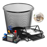 Kit Escritório Lixeira 2 Bandeja Organizador Porta Treco Nf