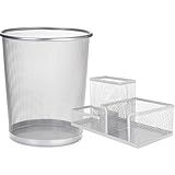 Kit Escritorio Organizador De Mesa Porta Canetas 3 Divisorias - Lixeira 10l - Prata