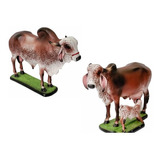 Kit Escultura Miniatura De Vaca E Bezerro Gir E Boi Gir 