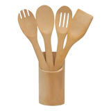 Kit Espátula Garfo Bambu Porta Doméstico Cozinha Utensílios