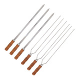 Kit Espetos 3 Espada E 3 Duplo 40cm Inox   Cabo De Madeira