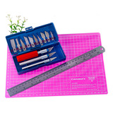 Kit Estilete Bisturi Base 30x22 Rosa Lanmax Régua Aço 30