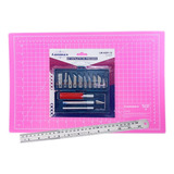 Kit Estilete Bisturi Base Corte A3 45x30 Régua Aço 30 Cm Cor Rosa