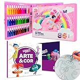 Kit Estojo Pintura Maleta Unicórnio 86 Peças Livro Divertidamente Desenhos P Colorir Infantil Com Giz Canetinhas E Tintas