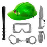 Kit Exército Chapéu Algemas Óculos Cassetete Faca E Granada