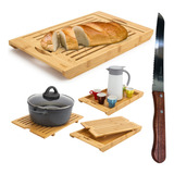 Kit Faca De Pão E Tábua De Corte Migalheira Bandeja Bambu