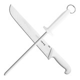 Kit Faca E Chaira 12 Estriada Mundial Profissional Açougue