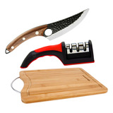 Kit Faca Tabua Artesanal Amolador Churras Cabo Madeira 3em 1