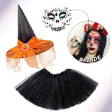 Kit Fantasia Bruxa Feminina Adulta Halloween Carnaval Tule