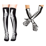 Kit Fantasia Esqueleto Meia Calça 7 8 Luva Longa Halloween