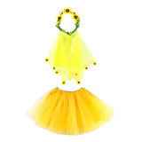 Kit Fantasia Girassol Tiara Coroa Saia Tule Carnaval Junina