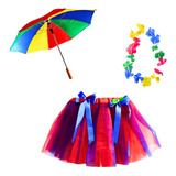 Kit Fantasia Mini Guarda Chuva Frevo Saia Colorida E Colar
