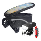 Kit Farol Frontal E Sinalizador Bike Bolsa Porta Celular
