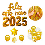 Kit Feliz Ano Novo Cortina Metalizada Balões Frase Decoração