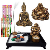 Kit Feng Shui Meditação Budas Jardim Zen Incensário Incenso