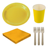 Kit Festa 10 Pratos Copos Guardanapos Garfos Amarelo