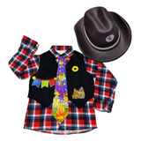 Kit Festa Junina Camisa Xadrez Infantil C Colete Chapéu