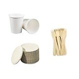 Kit Festa Prato Biodegradável De Papel Garfos De Madeira E Copos De Papel 50 Un De Cada