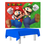 Kit Feta Super Mario Decoração Painel G Toalha De Mesa Azul