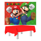 Kit Feta Super Mario Decoração Painel Toalha Mesa Vermelha