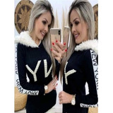 Kit Frio Feminino Blusa Ny Capuz Pelinho + Meia Calça C/ Pé
