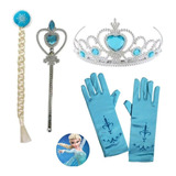 Kit Frozen Elsa Acessórios C  Trança  Luvas  Coroa E Varinha Cor Azul