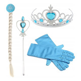 Kit Frozen Elsa Acessórios Com Trança Luvas Coroa E Varinha Cor Azul celeste