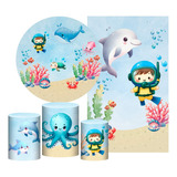 Kit Fundo Do Mar Azul Painel Redondo Cilindro retangular