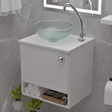 Kit Gabinete Armário 45cm Suspenso Mdf Apolo P Banheiro Com Cuba De Vidro 29cm Cristal Beltempo