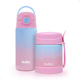 Kit Garrafa Térmica E Pote Térmico Rosa Com Talher Buba