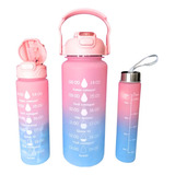 Kit Garrafas Motivacional C Alça Adesivos Treino Hidratação Cor Rosa E Azul