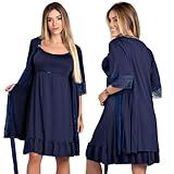 Kit Gestante Camisola Amamentação Com Calcinha Pós Parto E Robe Marinho G 