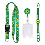 Kit Girassol Cordão Pulseira Roller Retrátil Porta Crachá