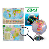 Kit Globo Terrestre 30cm Led Rgb Lupa Mapas Br Mundi E Atlas