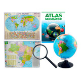Kit Globo Terrestre 30cm   Mapa Mundi E Brasil   Lupa Atlas