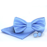 Kit Gravata Borboleta Seda Azul Celeste Lenço Abotoaduras