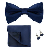 Kit Gravata Borboleta Seda Azul Marinho Lenço Abotoaduras