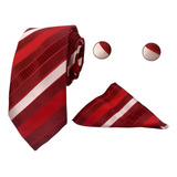 Kit Gravata Slim Lenço E Abotoadura Social Luxo