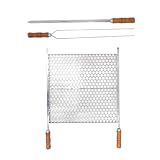 Kit Grelha Moeda Inox 60x48 2 Espetos 60cm Cabo Madeira