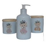 Kit Higiene Bebê 3 Peças Princesa Ursinha Rosa Tampa Pinus